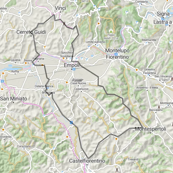 Mapa miniatúra "Jazda cez Empoli a Ponte a Elsa" cyklistická inšpirácia v Toscana, Italy. Vygenerované cyklistickým plánovačom trás Tarmacs.app