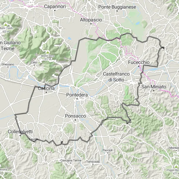 Miniature de la carte de l'inspiration cycliste "Le Tour des Collines de Cerreto Guidi" dans la Toscana, Italy. Générée par le planificateur d'itinéraire cycliste Tarmacs.app