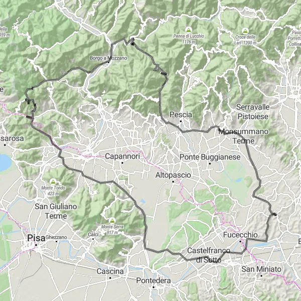 Zemljevid v pomanjšavi "Izjemna kolesarska dogodivščina po Toskani" kolesarske inspiracije v Toscana, Italy. Generirano z načrtovalcem kolesarskih poti Tarmacs.app