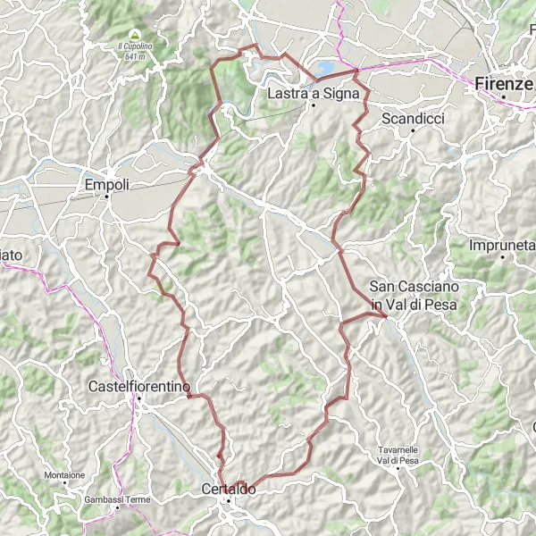 Karttaminiaatyyri "Toskanan maaseudun aarteet" pyöräilyinspiraatiosta alueella Toscana, Italy. Luotu Tarmacs.app pyöräilyreittisuunnittelijalla