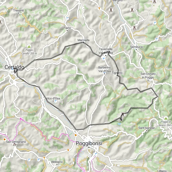 Miniatua del mapa de inspiración ciclista "Ruta de Tavarnelle Val di Pesa a Certaldo" en Toscana, Italy. Generado por Tarmacs.app planificador de rutas ciclistas