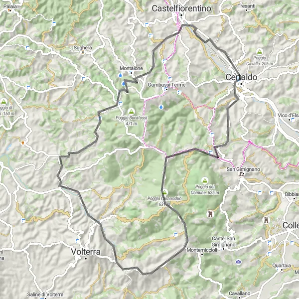 Kartminiatyr av "Høydedrag i Toscana" sykkelinspirasjon i Toscana, Italy. Generert av Tarmacs.app sykkelrutoplanlegger