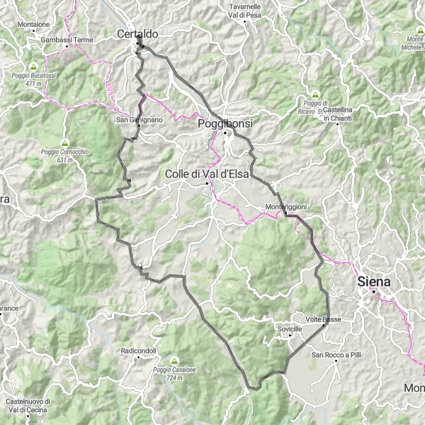 Zemljevid v pomanjšavi "Certaldo - San Gimignano Road Cycling Route" kolesarske inspiracije v Toscana, Italy. Generirano z načrtovalcem kolesarskih poti Tarmacs.app