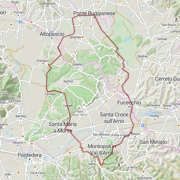 Mapa miniatúra "Gravelový Okruh cez Santa Maria a Monte" cyklistická inšpirácia v Toscana, Italy. Vygenerované cyklistickým plánovačom trás Tarmacs.app