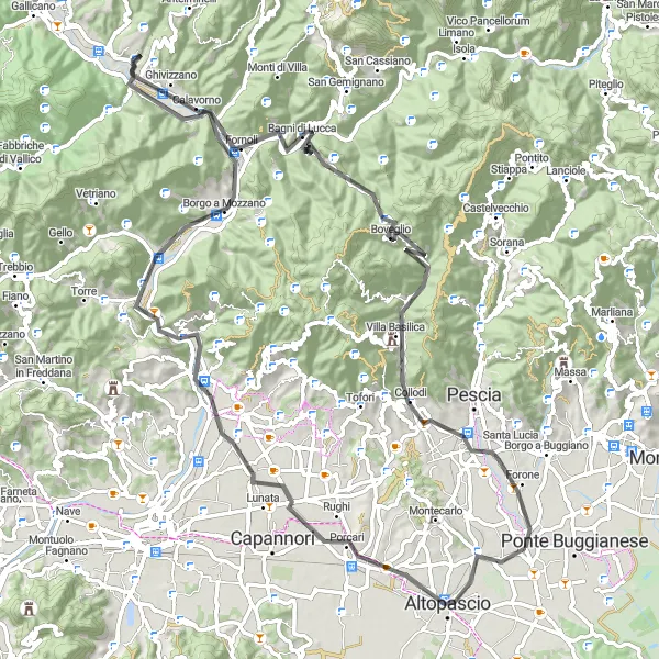 Mapa miniatúra "Okruh cez Altopascio a Borgo a Mozzano" cyklistická inšpirácia v Toscana, Italy. Vygenerované cyklistickým plánovačom trás Tarmacs.app