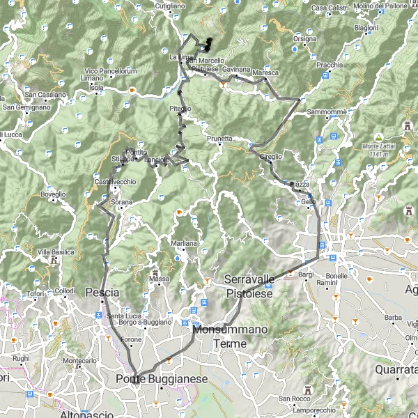Mapa miniatúra "Náročný okruh cez Pescia a San Marcello Pistoiese" cyklistická inšpirácia v Toscana, Italy. Vygenerované cyklistickým plánovačom trás Tarmacs.app