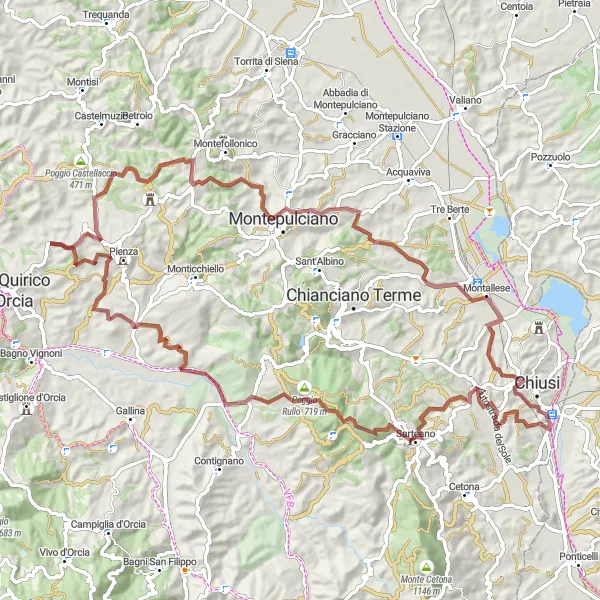 Kartminiatyr av "Chiusi Scalo til Poggio al Moro via Castello di Sarteano" sykkelinspirasjon i Toscana, Italy. Generert av Tarmacs.app sykkelrutoplanlegger