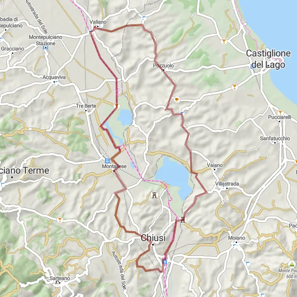 Map miniature of "Chiusi Scalo - Poggio al Moro - Montallese - Pozzuolo - Torre di Beccati Questo" cycling inspiration in Toscana, Italy. Generated by Tarmacs.app cycling route planner