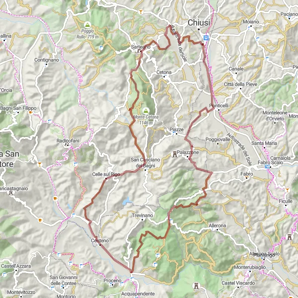 Miniatuurkaart van de fietsinspiratie "Verborgen parels van het Toscaanse platteland" in Toscana, Italy. Gemaakt door de Tarmacs.app fietsrouteplanner