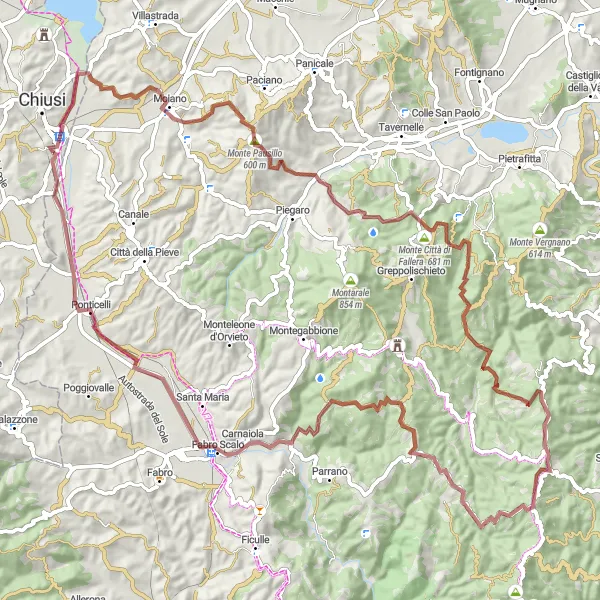 Map miniature of "Through the Rugged Terrain of Monte Pausillo" cycling inspiration in Toscana, Italy. Generated by Tarmacs.app cycling route planner