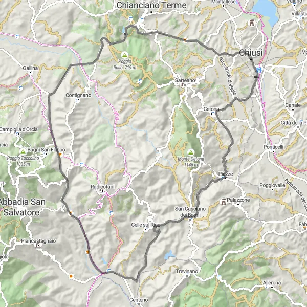 Map miniature of "Chiusi Scalo - Piazze - Ponte a Rigo - Querce al Pino - Poggio al Moro" cycling inspiration in Toscana, Italy. Generated by Tarmacs.app cycling route planner