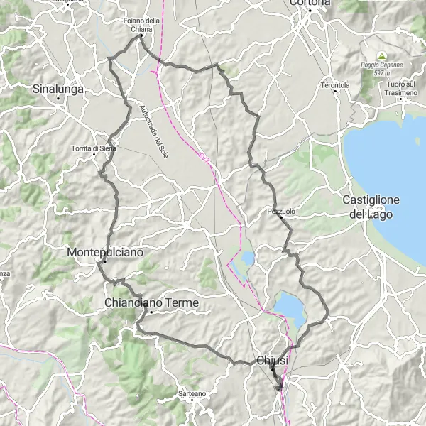 Kartminiatyr av "Rundtur genom storslagna landskap" cykelinspiration i Toscana, Italy. Genererad av Tarmacs.app cykelruttplanerare