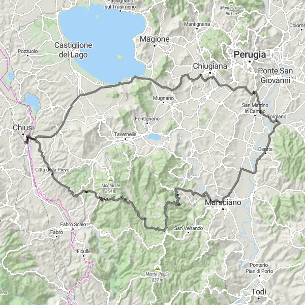 Miniatua del mapa de inspiración ciclista "Ruta de ciclismo de carretera alrededor de Chiusi Scalo" en Toscana, Italy. Generado por Tarmacs.app planificador de rutas ciclistas