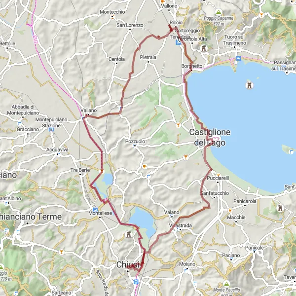 Miniaturní mapa "Trasa Petrignano-Badiaccia-Castiglione del Lago-Chiusi" inspirace pro cyklisty v oblasti Toscana, Italy. Vytvořeno pomocí plánovače tras Tarmacs.app