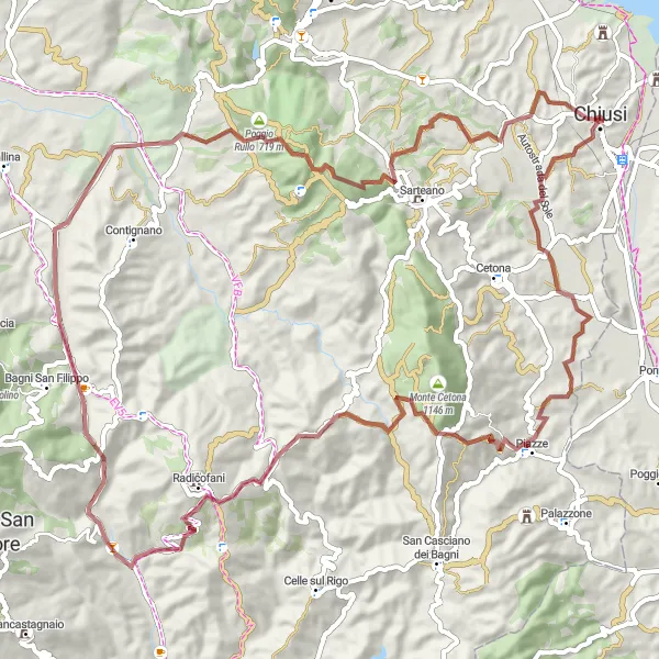 Miniatua del mapa de inspiración ciclista "Ruta de grava a Monte Calcinaio y Querce al Pino" en Toscana, Italy. Generado por Tarmacs.app planificador de rutas ciclistas