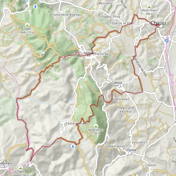 Miniaturní mapa "Gravelová okružní cyklistická trasa kolem Chiusi" inspirace pro cyklisty v oblasti Toscana, Italy. Vytvořeno pomocí plánovače tras Tarmacs.app