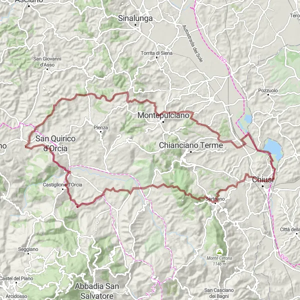 Karttaminiaatyyri "Gravel-seikkailu Chiusin ympäristössä" pyöräilyinspiraatiosta alueella Toscana, Italy. Luotu Tarmacs.app pyöräilyreittisuunnittelijalla