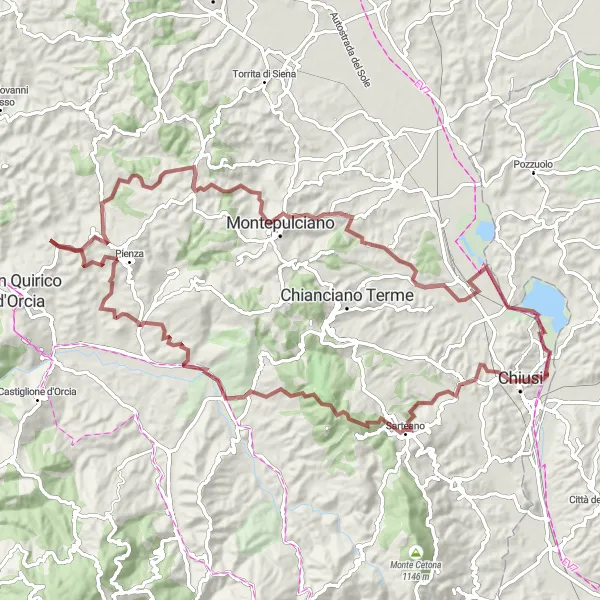 Miniaturní mapa "Gravel route Chiusi - Poggio al Moro - Chiusi" inspirace pro cyklisty v oblasti Toscana, Italy. Vytvořeno pomocí plánovače tras Tarmacs.app