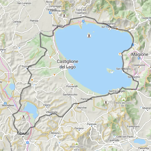 Miniaturní mapa "Trasa Monte Venere-Pozzuolo-Pieve Confini-Monte Ruffiano-Torricella-Sant'Arcangelo-Villastrada-Chiusi" inspirace pro cyklisty v oblasti Toscana, Italy. Vytvořeno pomocí plánovače tras Tarmacs.app