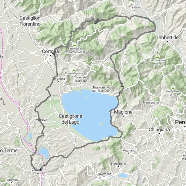 Map miniature of "Climbing Monte Venere" cycling inspiration in Toscana, Italy. Generated by Tarmacs.app cycling route planner