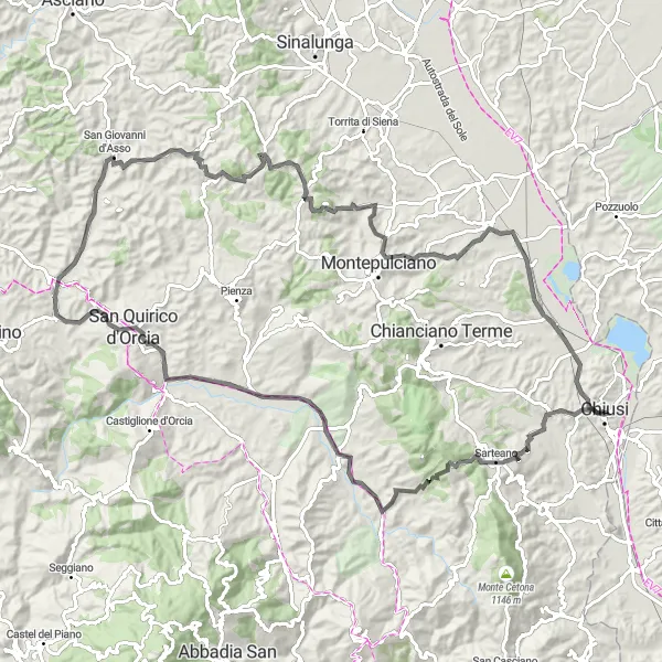 Miniaturní mapa "Okružní cyklistická trasa okolo Chiusi" inspirace pro cyklisty v oblasti Toscana, Italy. Vytvořeno pomocí plánovače tras Tarmacs.app