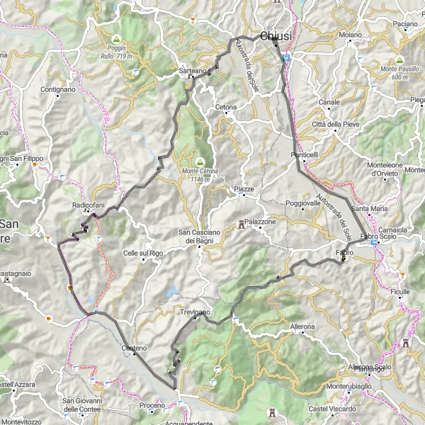 Miniaturní mapa "Cyklistická okružní trasa krajem Chiusi" inspirace pro cyklisty v oblasti Toscana, Italy. Vytvořeno pomocí plánovače tras Tarmacs.app