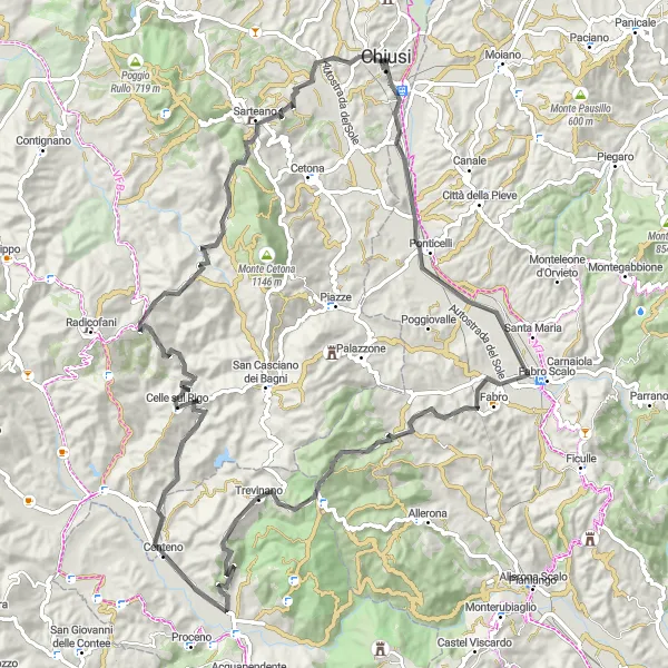 Mapa miniatúra "Cyklotrasa v okolí Chiusi s výhľadmi" cyklistická inšpirácia v Toscana, Italy. Vygenerované cyklistickým plánovačom trás Tarmacs.app