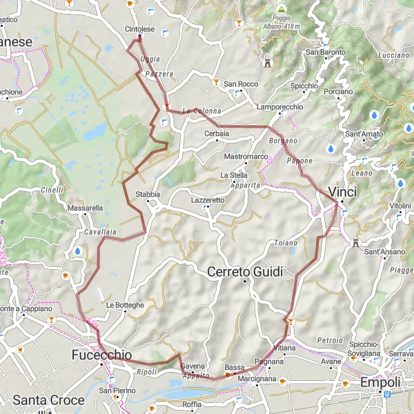 Mapa miniatúra "Gravelový výlet kolem Vinci" cyklistická inšpirácia v Toscana, Italy. Vygenerované cyklistickým plánovačom trás Tarmacs.app