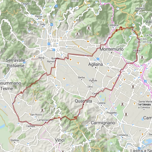 Miniaturekort af cykelinspirationen "Gruscykelruten til Monte Rocchina og Buriano" i Toscana, Italy. Genereret af Tarmacs.app cykelruteplanlægger