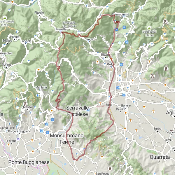 Miniature de la carte de l'inspiration cycliste "Aventure dans les montagnes toscanes de Prunetta" dans la Toscana, Italy. Générée par le planificateur d'itinéraire cycliste Tarmacs.app