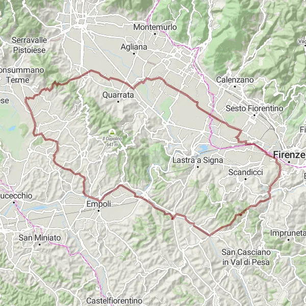 Miniaturekort af cykelinspirationen "Gravel cykeltur gennem Toscana" i Toscana, Italy. Genereret af Tarmacs.app cykelruteplanlægger