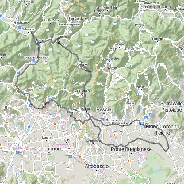 Mapa miniatúra "Cesta kolem Toskánska" cyklistická inšpirácia v Toscana, Italy. Vygenerované cyklistickým plánovačom trás Tarmacs.app