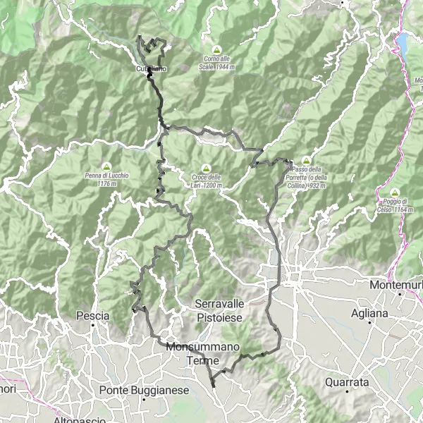Miniatua del mapa de inspiración ciclista "Desafío de los Apeninos" en Toscana, Italy. Generado por Tarmacs.app planificador de rutas ciclistas