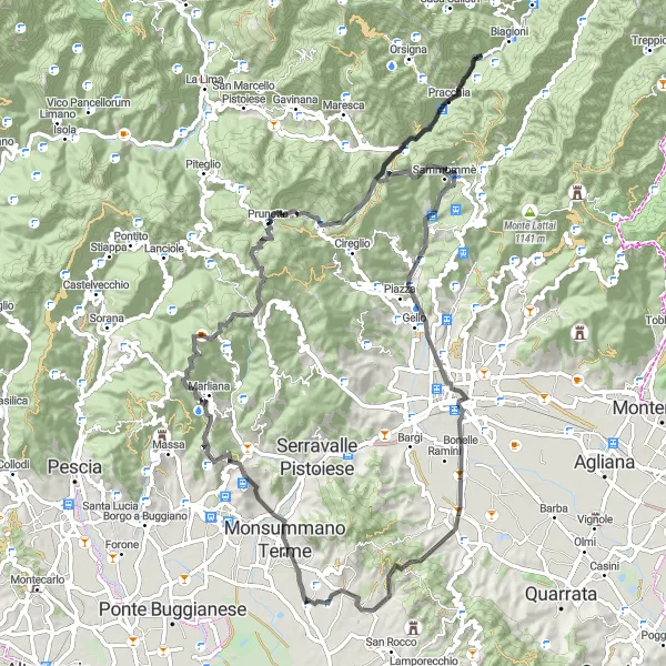 Miniatua del mapa de inspiración ciclista "Ruta desde Cintolese a través de caminos de carretera" en Toscana, Italy. Generado por Tarmacs.app planificador de rutas ciclistas