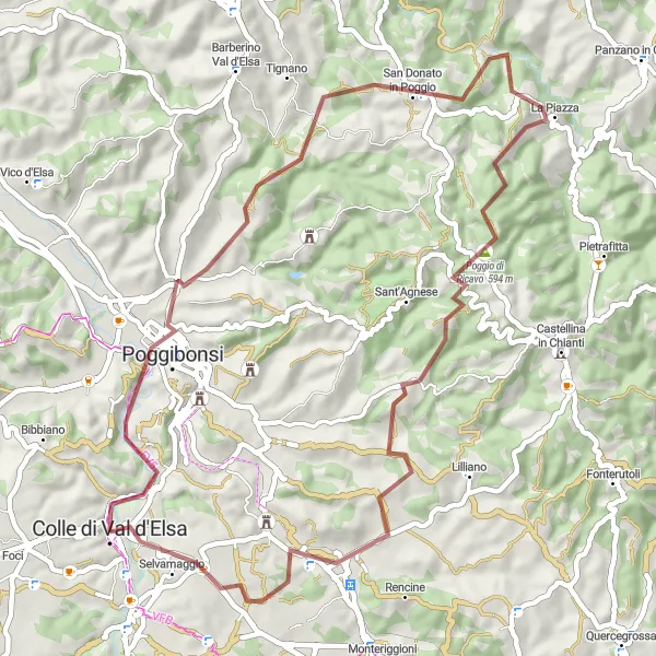 Mapa miniatúra "Gravel okruh s výhľadmi na Poggibonsi" cyklistická inšpirácia v Toscana, Italy. Vygenerované cyklistickým plánovačom trás Tarmacs.app