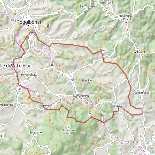 Miniatua del mapa de inspiración ciclista "Ruta de gravilla a través de Castello di Badia y Colle di Val d'Elsa" en Toscana, Italy. Generado por Tarmacs.app planificador de rutas ciclistas