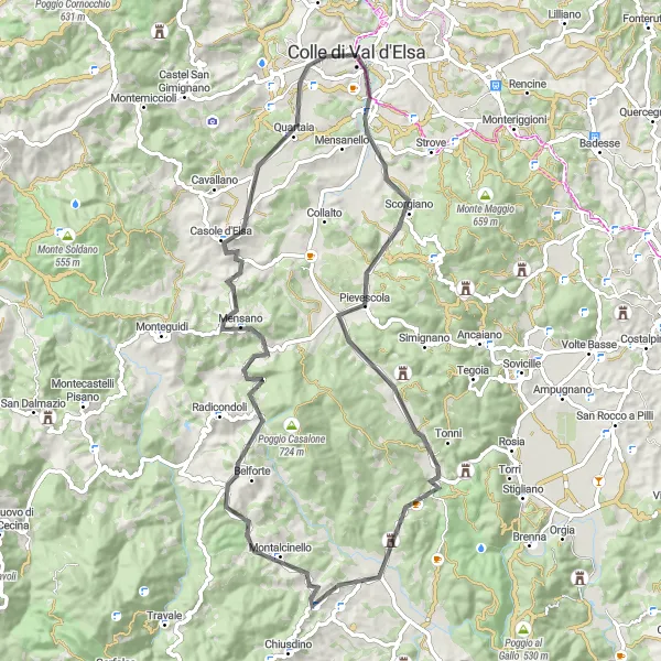 Miniatuurkaart van de fietsinspiratie "Poggio Castiglioni route vanaf Colle di Val d'Elsa" in Toscana, Italy. Gemaakt door de Tarmacs.app fietsrouteplanner