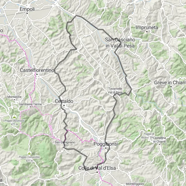 Miniatua del mapa de inspiración ciclista "Ruta de carretera a través de San Gimignano y Tavarnelle Val di Pesa" en Toscana, Italy. Generado por Tarmacs.app planificador de rutas ciclistas