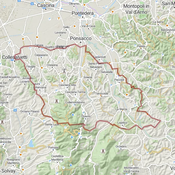 Mapa miniatúra "Gravelová trasa cez Poggio di Celli a Lajatico" cyklistická inšpirácia v Toscana, Italy. Vygenerované cyklistickým plánovačom trás Tarmacs.app