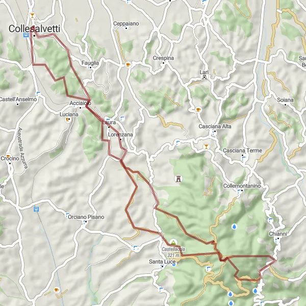 Karten-Miniaturansicht der Radinspiration "Hügelige Graveltour durch Fauglia und Lorenzana" in Toscana, Italy. Erstellt vom Tarmacs.app-Routenplaner für Radtouren