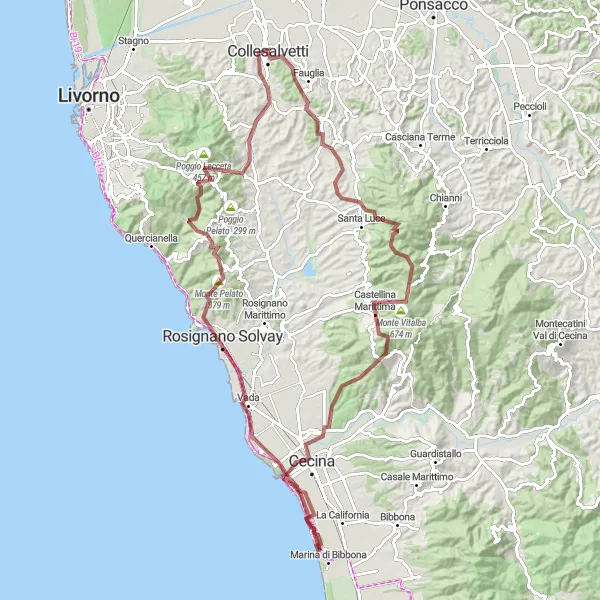 Miniatuurkaart van de fietsinspiratie "Uitdagende gravelfietstocht van Fauglia naar Monte Carvoli" in Toscana, Italy. Gemaakt door de Tarmacs.app fietsrouteplanner