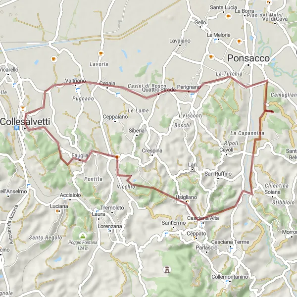 Miniaturekort af cykelinspirationen "Grusvej cykelrute til Perignano" i Toscana, Italy. Genereret af Tarmacs.app cykelruteplanlægger