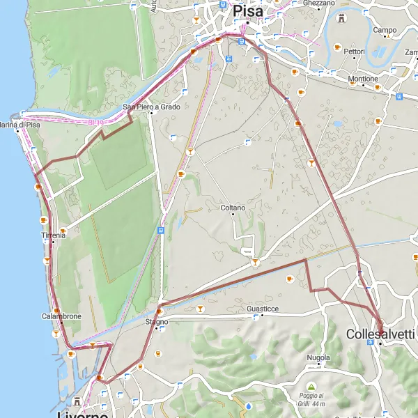 Miniatua del mapa de inspiración ciclista "Ruta de aventura en Gravel por la costa toscana" en Toscana, Italy. Generado por Tarmacs.app planificador de rutas ciclistas