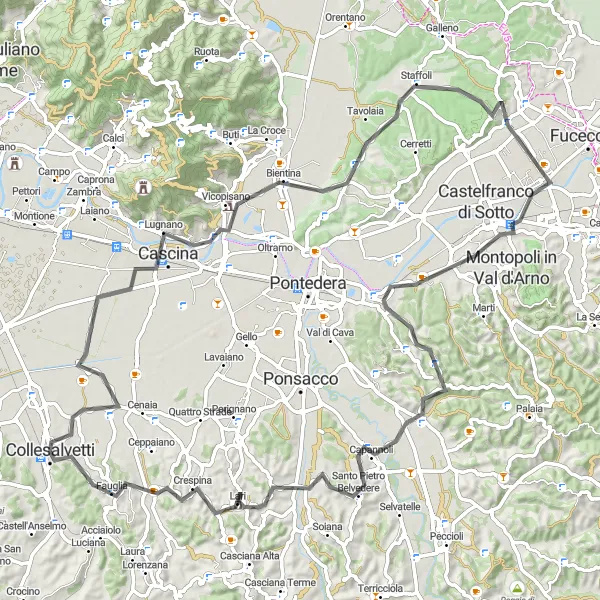 Kartminiatyr av "Collesalvetti til Fauglia Scenic Road Bike Rundtur" sykkelinspirasjon i Toscana, Italy. Generert av Tarmacs.app sykkelrutoplanlegger