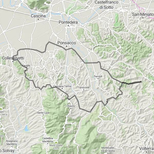 Map miniature of "Climbing Capannoli and Ghizzano on an Exhilarating Road Cycling Adventure" cycling inspiration in Toscana, Italy. Generated by Tarmacs.app cycling route planner