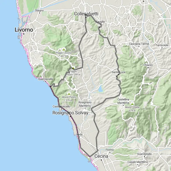 Miniatura della mappa di ispirazione al ciclismo "Tra colline e mare: giro in bicicletta" nella regione di Toscana, Italy. Generata da Tarmacs.app, pianificatore di rotte ciclistiche