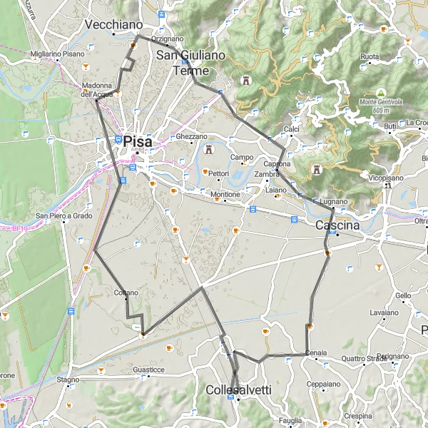 Miniaturekort af cykelinspirationen "Kyst-til-kyst-ruten" i Toscana, Italy. Genereret af Tarmacs.app cykelruteplanlægger