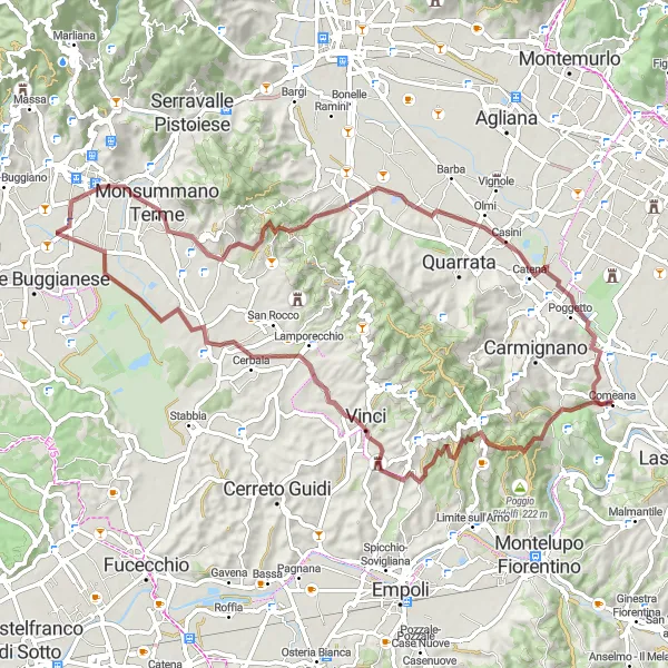 Miniatua del mapa de inspiración ciclista "Ruta de ciclismo de grava desde Comeana" en Toscana, Italy. Generado por Tarmacs.app planificador de rutas ciclistas