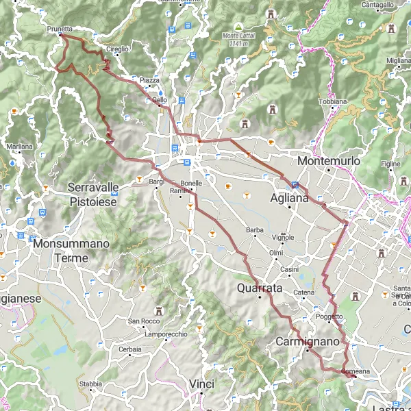 Miniatura mapy "Trasy rowerowe w okolicach Comeana" - trasy rowerowej w Toscana, Italy. Wygenerowane przez planer tras rowerowych Tarmacs.app