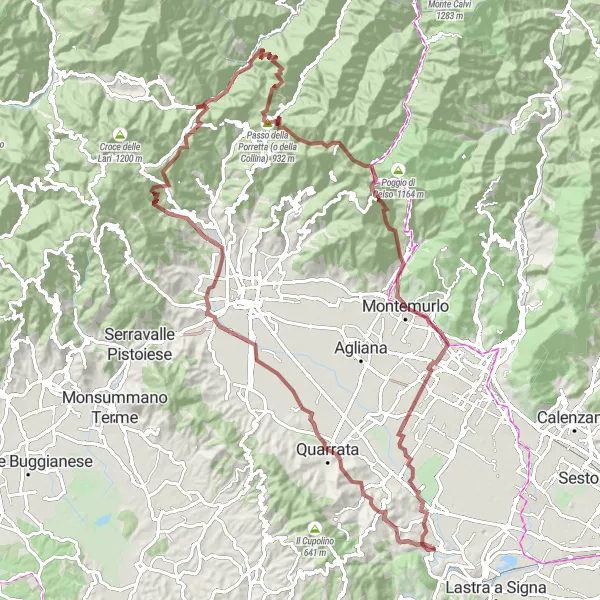 Miniature de la carte de l'inspiration cycliste "Parcours Gravel entre Carmignano et Ponte A Tigliano" dans la Toscana, Italy. Générée par le planificateur d'itinéraire cycliste Tarmacs.app